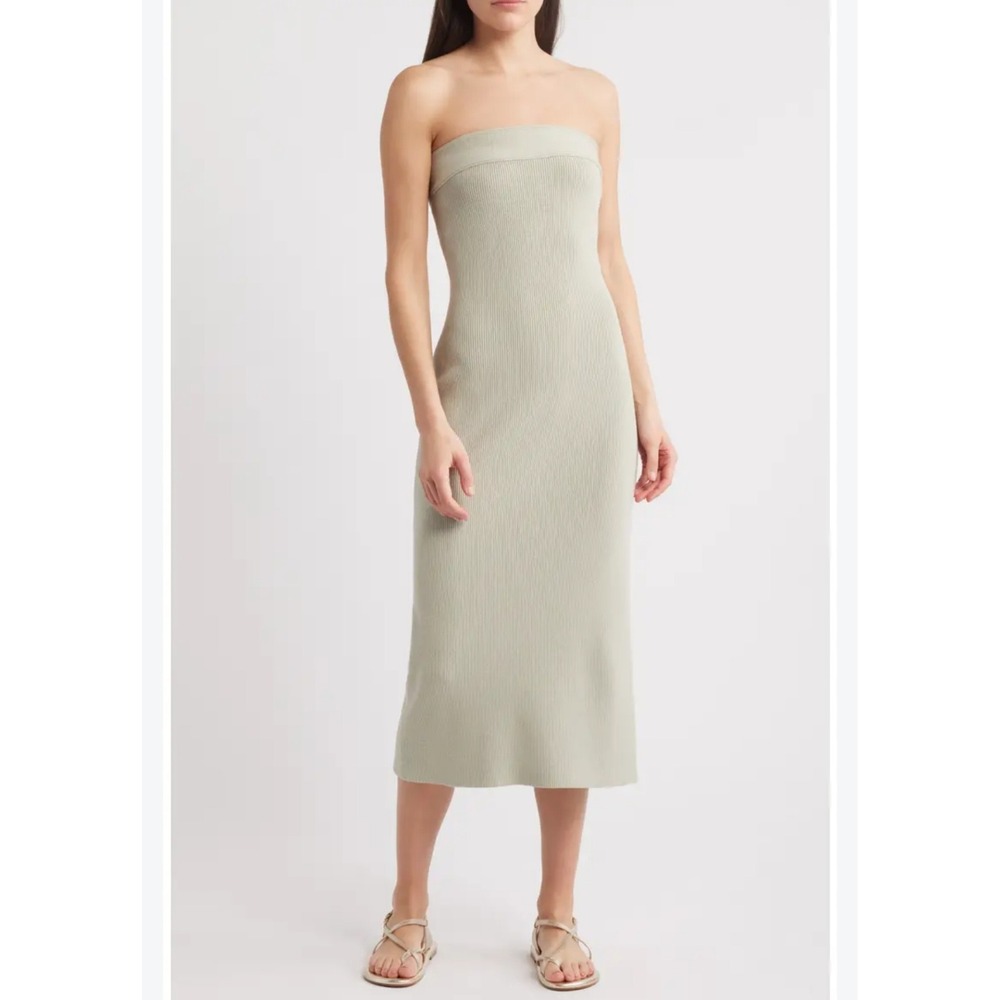 FP Beach Ribbed Knit Strapless Dress Large Knit Back Slit Sage Green